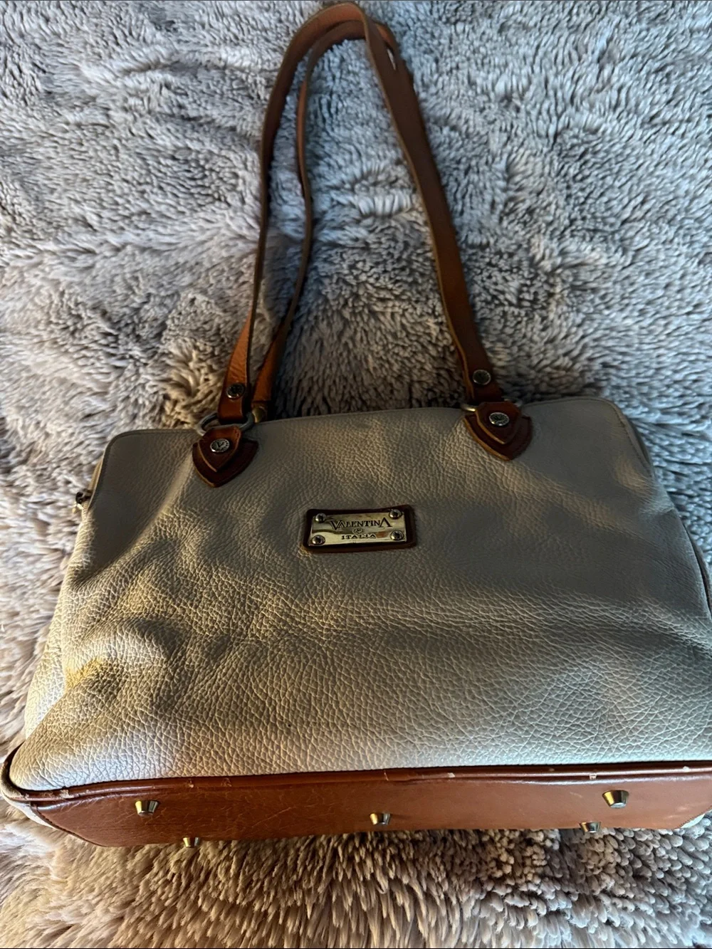 Valentina Cream Satchel with Tan Accents and Gold Plate